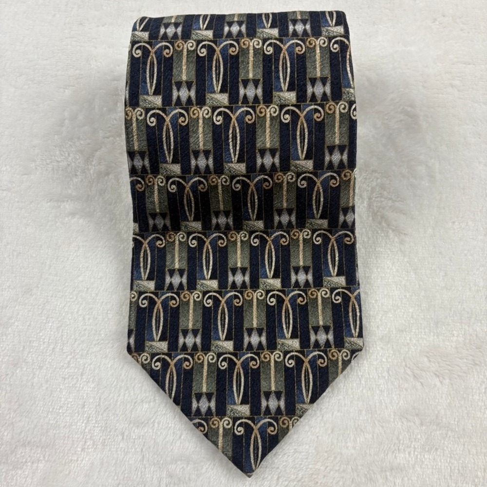 Stafford Executive Men's Tie Made in USA Blue Green Beige Geometric Silk Necktie
